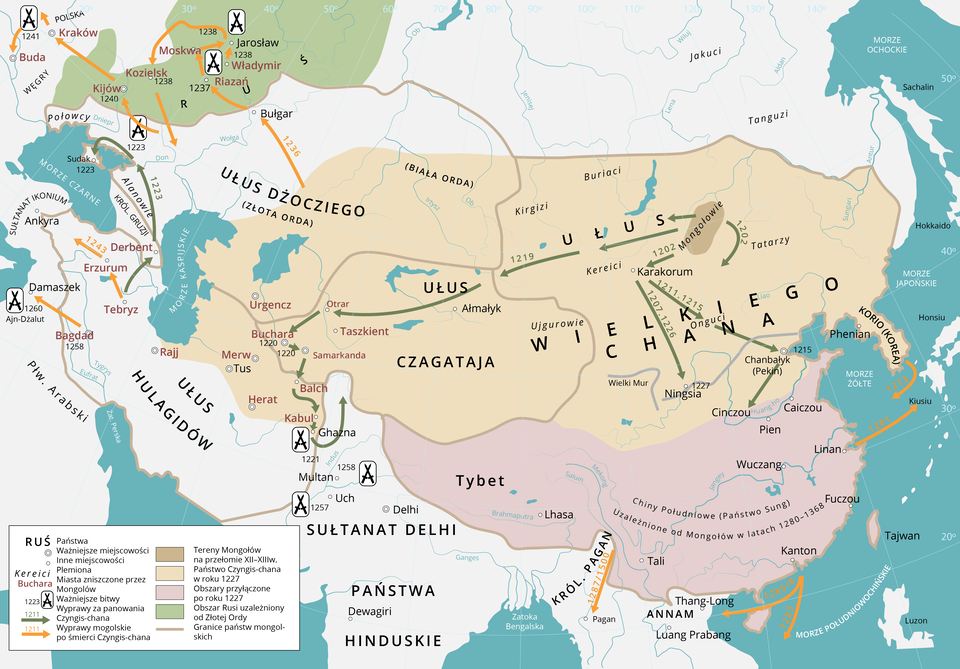Mapa przedstawia tereny Mongolii w XII‑XIII wieku. Największe Państwa: Wielkiego Chana, Ułus Czagataja, Tybet, Annam, Państwa Hinduskie, Sułtanat Delih, Ułus Dżocziego (Złota Odra), Ułus Hulagidów. Ważne miejscowości: Delhi, Herat, Merw, Buchara, Samarkanda, Rajj, Urgencz, Kraków, Buda, Kijów, Bagdad. Inne miejscowości: Dewagiri, Uch, Ghanza, Kabul, Balch, Taszkient, Otrar, Damaszek, Derbent, Erzurum, Tebryz, Ankyra, Sudako, Kozielsk, Moskwa, Riazań, Władymir, Jarosław, Bułgar, Ałmałyk, Karakorum, Chanbałyk (Pekin), Cinczou, Pien, Caiczou, Linan, Fuczou, Wuczang, Kanton, Phenian, Tali, Lhasa, Pagan, Luang Prabang, Thang- Long. Plemiona: Połowcy, Ujgurowie, Kereici, Kirgizi, Buriaci, Mogołowie, Tatarzy, Onguci. Miasta zniszczone przez Mongołów: Kabul, Herat, Balch, Merw, Rajj, Buchara, Samarkanda, Taszkient, Otrar, Urgencz, Tebryz, Bagdad, Erzurum, Debrent, Buda, Kijów, Kraków, Kozielsk, Moskwa, Riazań, Władymir. Wyprawy za panowania Czyngis‑chana w 1223 roku z Tebryzu przez Derbemnt do Sudaku. W 1219 roku z okolic Karakorum przez Ałmałyk, Otrar, Bucharę, Samarkandę, Balch, Kabul, Ghanza. W roku 1202 z terenu Mongolskie do Karakorum. W 1211- 1215 przez Chanabałyk (Pekin) do Cinczou. W 1207- 1226 roku do Ningisia. Wyprawy mongolskie po śmierci Czyngis‑chana z Bagdadu do Damaszku. W 1243 roku z Tebryz przez Erzurum po Ankyrę. W 1236 roku przez Bułgar, Riazań, Władimir, Moskwę, Jarosław, Kozielsk, Kijów, Kraków, Budę. W roku 1273 z Korio (Korea) na Morze Żółte, a w 1281 roku z Linan na wyspę Kiusiu. Rok 1285 z Kanton po Thang‑Long, W 1283 roku z Kanton po Morze południowochińskie. Państwo Czyngis- chana w roku 1227 teren obecnej Mongolii oraz północnej części Chin. Obszar przyłączeniowy po roku 1227 na terenie obecnego Hong Kongu i Szanghaju. Obszar Rusi uzależniony od Złotej Odry południowo- zachodnia część Rosji tuż przy Morzu Czarnym. Ważniejsze bitwy: 1257 Uch, 1258 Delhi, 1221 Ghanza, 1260 Ajn‑Dżalut, 1223 Kijów, 1241 Buda, 1237 Riazań, 1238 Jarosław.