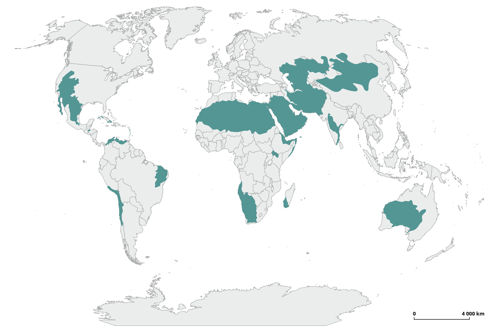 Na mapie świata zaznaczono obszary występowania półpustyń i pustyń. Obejmują ona obszar stanów Nevada, Utah, Nowy Meksyk, Teksas oraz obszar północnego Meksyku, W Brazylii fragment północno‑wschodniego krańca, w Afryce teren Namibii i Angoli oraz szeroki pas północny (oprócz Maroka, północnej Algierii i Tunezji). Ta formacja obejmuje także cały Półwysep Arabski, w Azji między innymi teren Iranu, Pakistanu, Uzbekistanu, Afganistanu, Kirgistanu, Tadżykistanu, częściowo Kazachstanu, północno‑zachodnich Chin, centralną część Indii, a w Australii spora zachodnia część kontynentu.