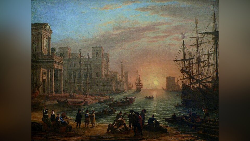 Obraz przedstawia pejzaż portowy. Na brzegu znajdują się stojący i siedzący ludzie, przyglądający się statkom wychodzącym w morze. W porcie stoją duże, drewniane żaglowce i niewielkie łódki. Ukazany jest nadpływający do portu żaglowiec na tle zachodzącego słońca. Na nadbrzeżu stoją liczne budynki mieszklane.