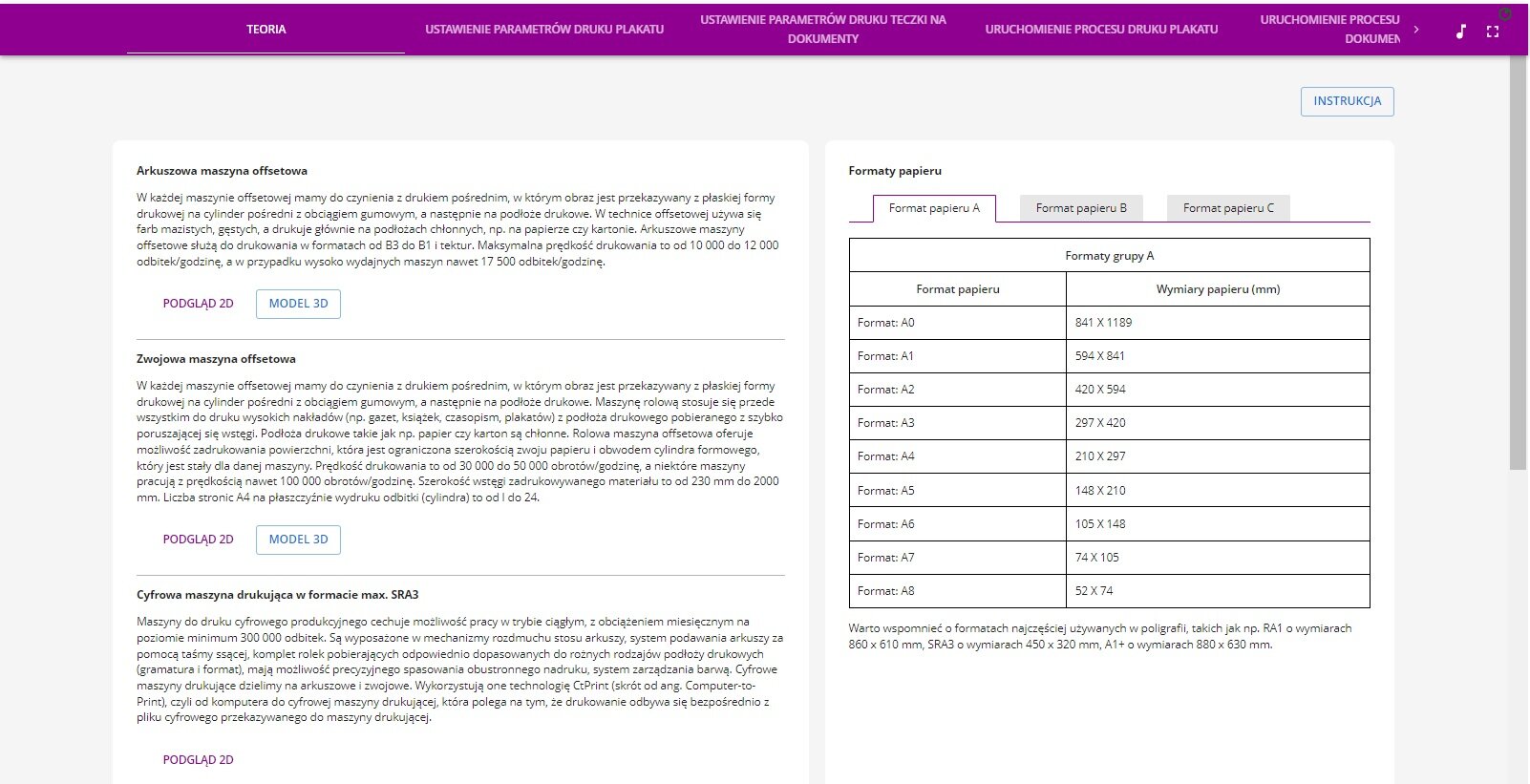 Grafika przedstawia widok ekranu symulatora. Widoczny jest przykładowy ekran symulatora z fioletowym poziomym paskiem menu u góry. Poniżej widoczne są dwa białe pola: po lewej pole z tekstem z bazy wiedzy, po prawej tabela nawiązująca do treści po lewej stronie.