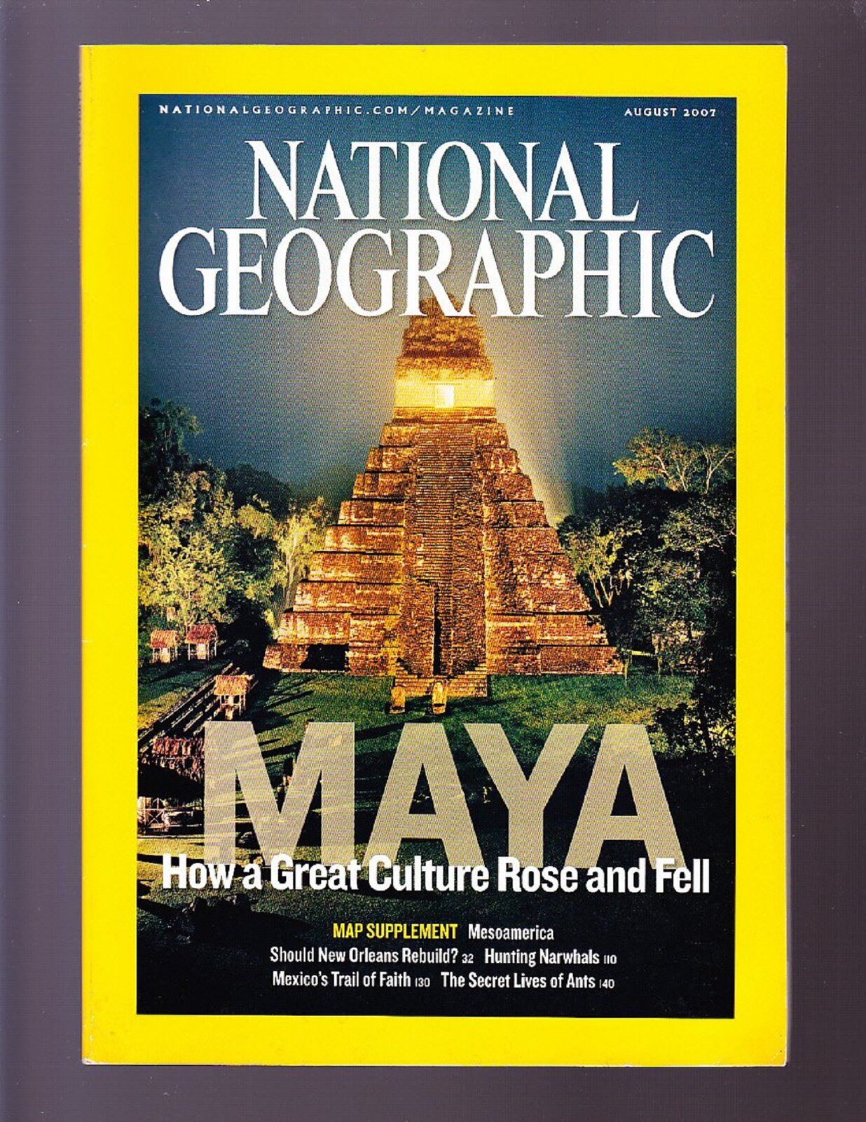 Ilustracja przedstawia okładkę miesięcznika „ National Geographic " [czytaj: naszynal dżeografik], na której znajduje się piramida cywilizacji Majów, ujęta na tle bujnej roślinności i ciemnoniebieskiego nieba. W górnej części piramida jest oświetlona. W górnej części okładki znajduje się tytuł czasopisma napisany drukowanymi, białymi literami, a u dołu duży napis  MAYA [czytaj: maja] oraz tekst zawierający informacje o zawartości miesięcznika. Ilustracja otoczona jest charakterystyczną dla tej publikacji żółtą ramką.