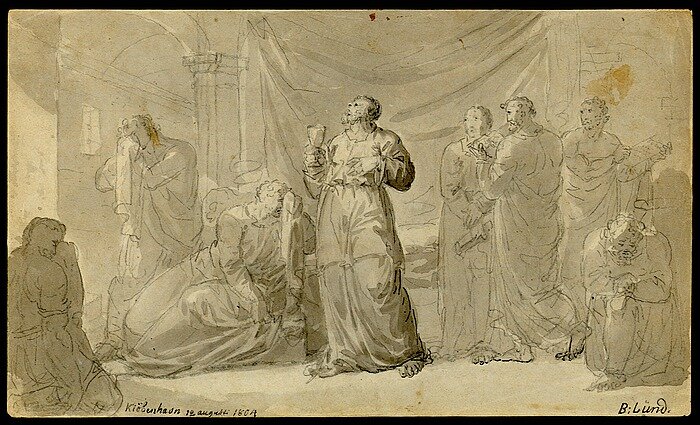 Rysunek przedstawia scenę rodzajową. W antycznym wnętrzu znajduje się grupa ludzi. W centralnej części rysunku stoi starszy mężczyzna. W prawej ręce trzyma duży kielich. Zgromadzeni wokół niego ludzie przyglądają się temu. Część z nich jest zrozpaczona.