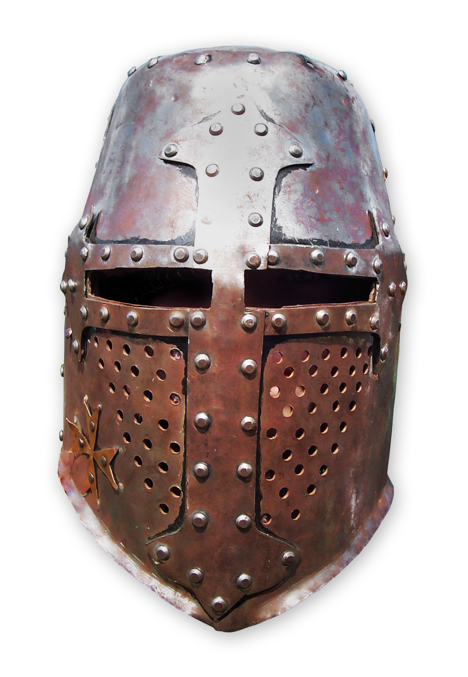 Ilustracja przedstawia hełm garnczkowy. Ma kształt cylindryczny. Górna część hełmu jest płaska. Hełm posiada otwory wzrokowe. Mniejsze otwory wentylacyjne służą do oddychania. 