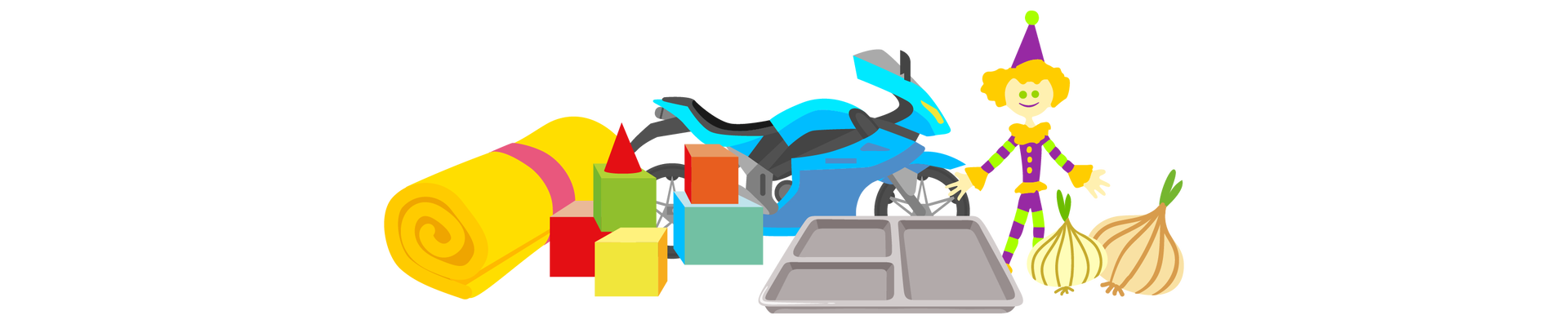 Ilustracja przedstawia różne przedmioty ułożone blisko siebie. Po lewej stronie leży zwinięty w rulon żółty koc. Jest on owinięty szeroką różową gumką. W tle stoi niebiesko‑czarny motocykl, a przed nim leży kilka kolorowych klocków o różnych kształtach. Na środku leży srebrna taca z trzema przegródkami. Po prawej stronie ilustracji leżą dwie cebule, a za nimi stoi zabawka w postaci żółtego pajacyka ubranego w fioletowo‑zielony strój w paski i trójkątną fioletową czapkę z zielonym pomponem.
