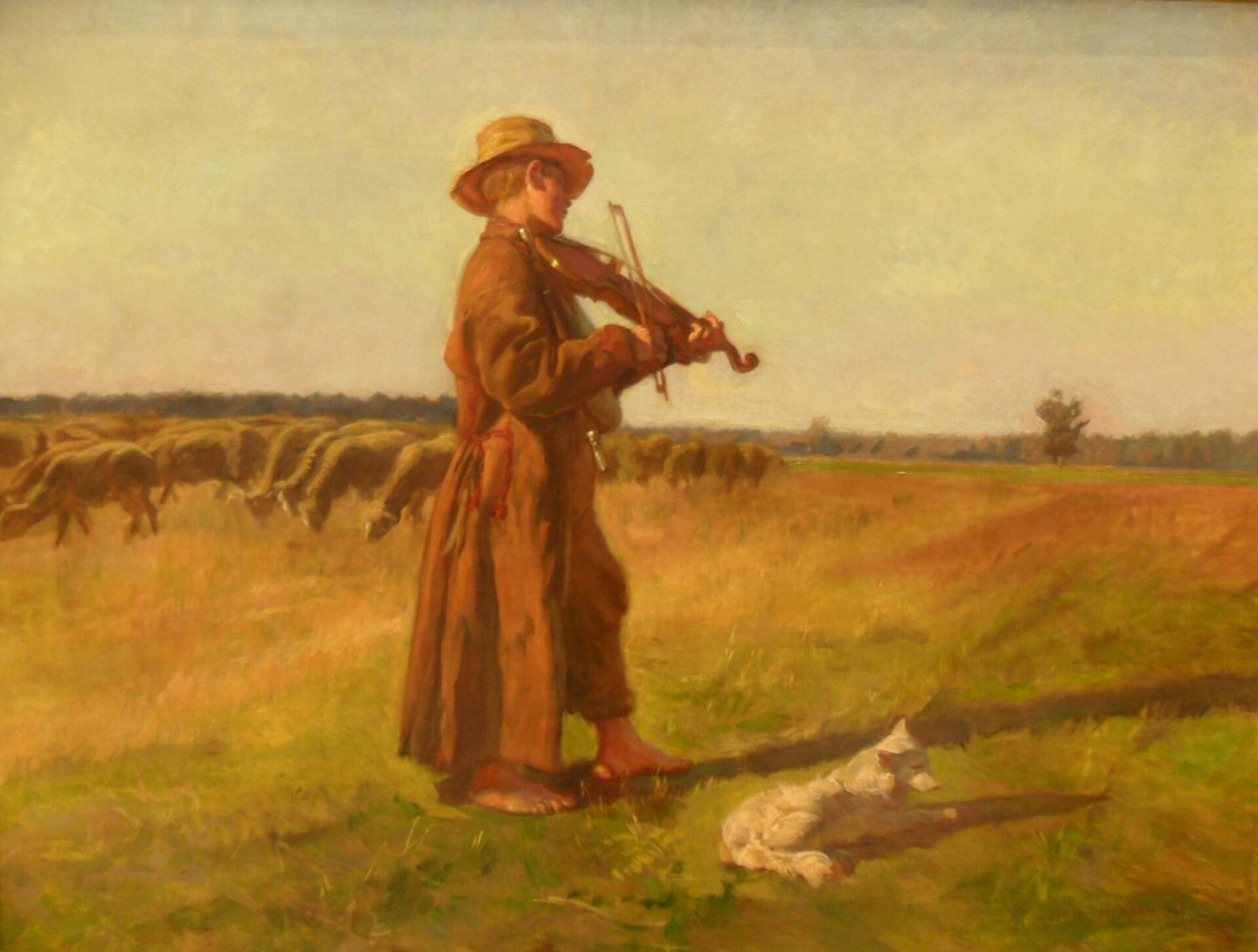 Ilustracja przedstawia obraz „Owczarek”, autorstwa Józefa Chełmońskiego. Pośrodku dzieła widnieje bosonogi chłopiec, odziany w siermiężną kapotę, grający na skrzypcach. Towarzyszy mu pies oraz stado owiec. Letni dzień podkreśla jasna, jakby wypalona słońcem, tonacja barwna.