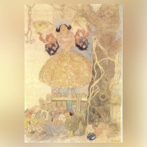 Obraz przedstawia unoszącego się w powietrzu motyla o barwnych skrzydłach. Motyl ma twarz kobiety. Ubrany jest w barwną suknię. 