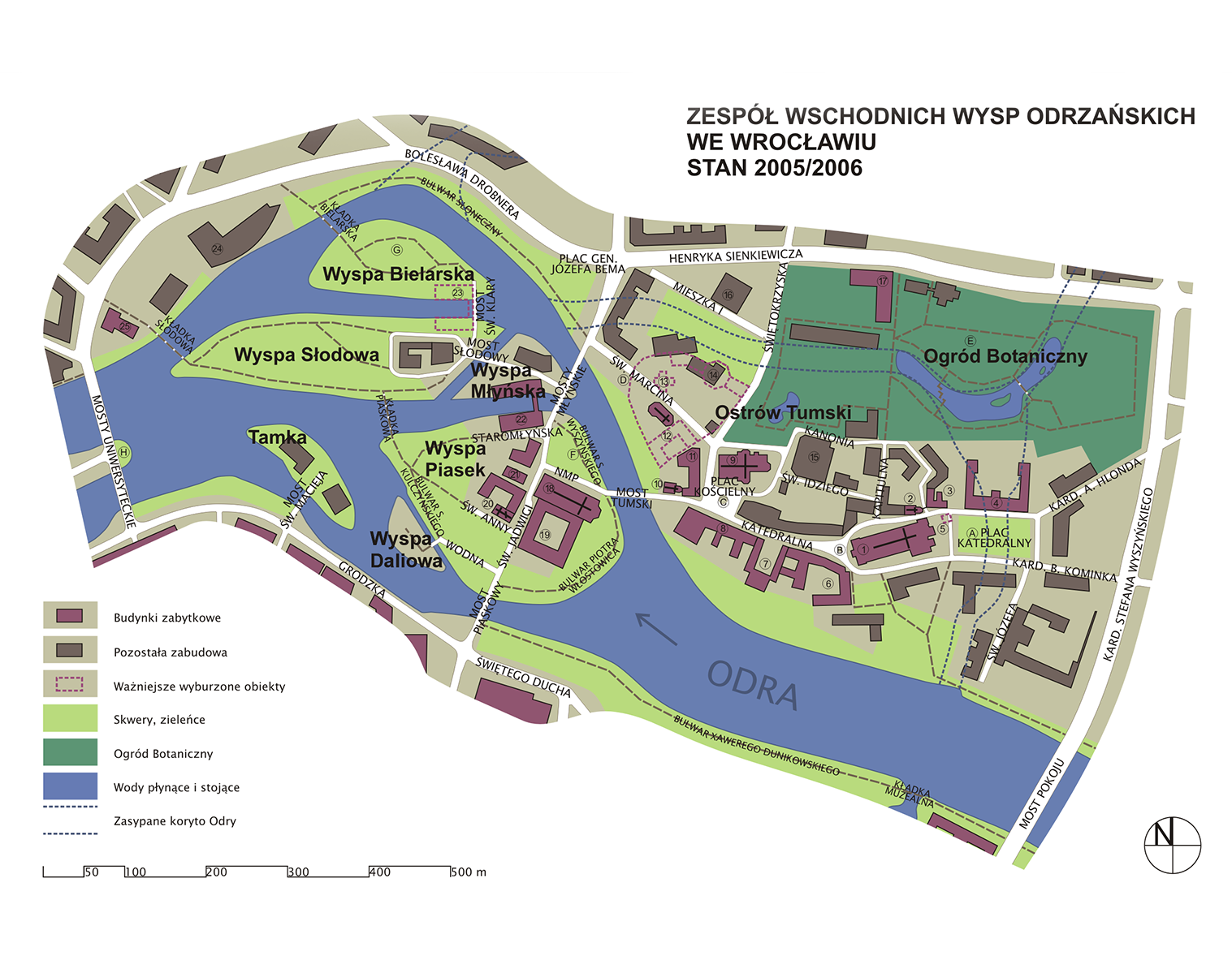 Grafika przedstawiająca plan Ostrowa Tumskiego we Wrocławiu. Na planie widać rzekę Odrę oraz wyspy - Wyspę Bielarską, Wyspę Słodową, Wyspę Młyńską, Wyspę Piasek, Tamkę, Wyspę Daliową. Widać również budynki zabytkowe oraz pozostałą zabudowę. Przedstawiono również skwery, zieleńce, ogród botaniczny, wody płynące i stojące, zasypane koryto Odry.