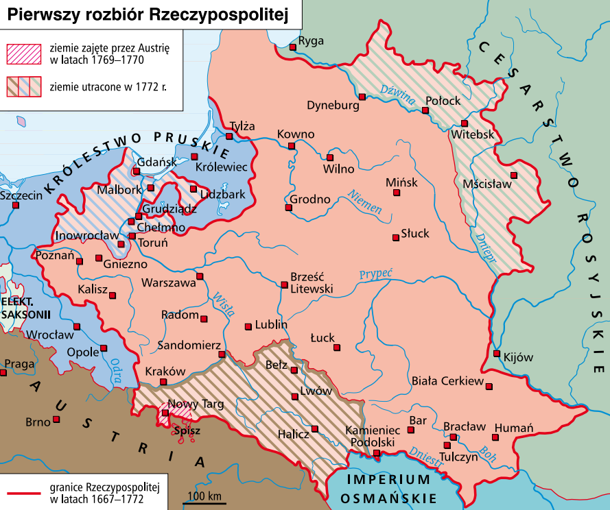Mapa przedstawia ziemie odebrane Polsce podczas 1 rozbioru. Rosja zajęła ziemie na wschód od Dniepru i Dźwiny z miastami: Połock, Witebsk i Mścisław. Austria zabrała południową część Polski z miastami: Bełz, Lwów i Halicz. Natomiast Prusy tereny nadmorskie i Warmię z miastami: Inowrocław, Chełmno, Grudziądz, Malbork, Lidzbark. Ponadto Austria w latach 1769‑1770 zajmowała tereny na południe od Krakowa z miastem Nowy Targ.