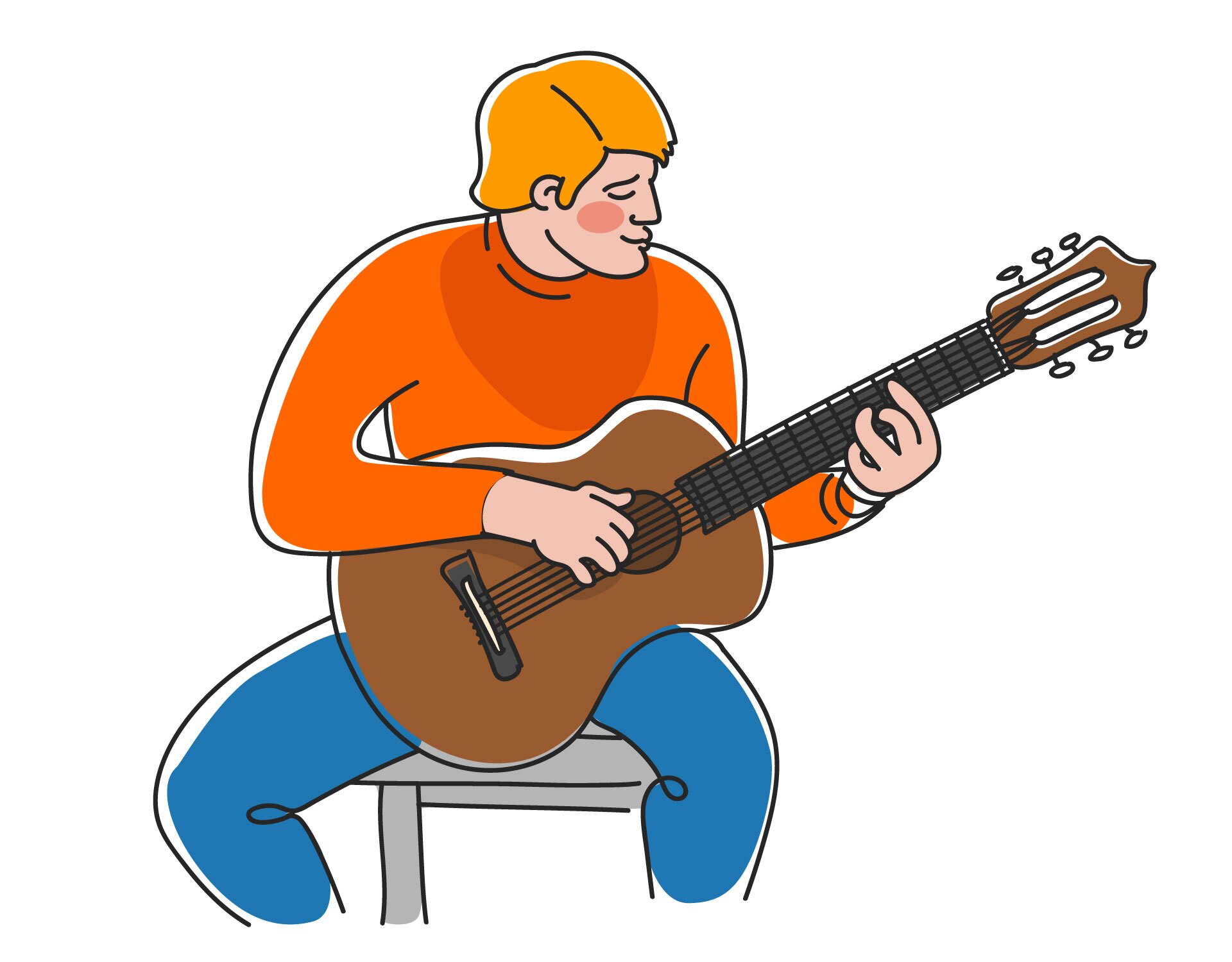Ilustracja przedstawia mężczyznę siedzącego na stołku, nogi ma oddalone od siebie i zgięte w kolanach. Między nogami trzyma pudło rezonansowe gitary. Instrument jest ułożony po skosie, gryfem lekko w górę. Prawa dłoń spoczywa nad otworem rezonansowym. Lewą rękę ma zgiętą z łokciem blisko ciała, lewą dłoń od dołu gryfu, z kciukiem z tyłu. Głowa mężczyzny jest zwrócona w stronę lewej ręki. Ma na sobie jeansy i pomarańczową bluzkę z długim rękawem i blond włosy.