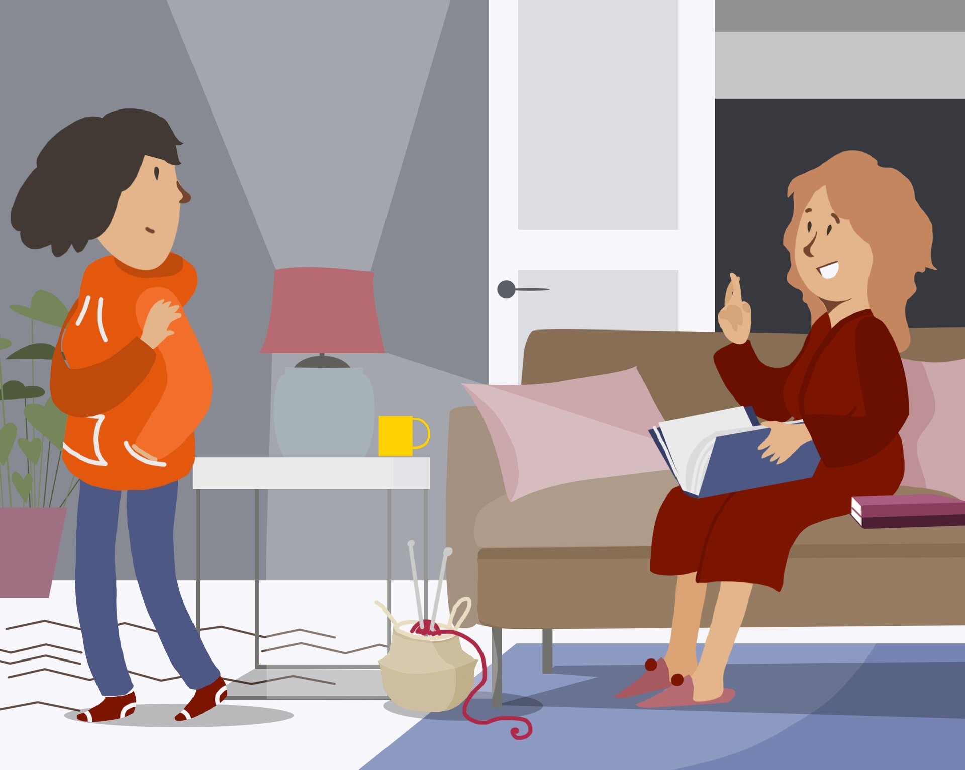 Na ilustracji widoczna jest kobieta oraz dziewczynka. Kobieta siedzi na kanapie,  na kolanach ma otwartą książkę. Pokazuje gest trzymania kciuków. Dziewczynka odwraca głowę w jej stronę, uśmiecha się.