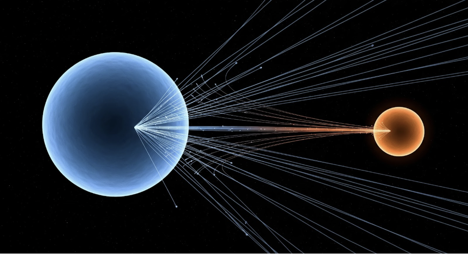 Obrazek przedstawiający dwa sferyczne obiekty oraz linie symbolizujące siły grawitacji działające między nimi.