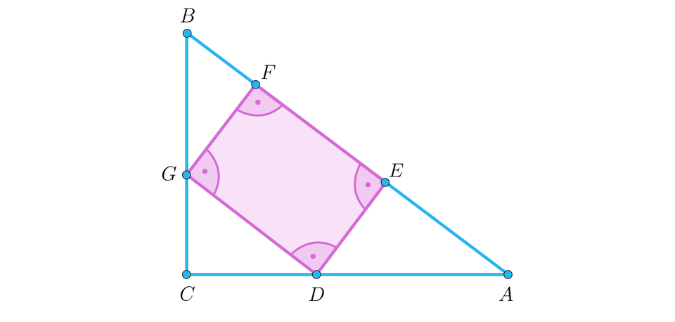 Na ilustracji przedstawiono trójkąt prostokątny A B C. Na przyprostokątnej AC zaznaczono punkt D. Na przyprostokątnej BC zaznaczono punkt G. Na przeciwprostokątnej AB zaznaczono punkt F oraz punkt E. Punkty zaznaczono w taki sposób, że po ich połączeniu powstał prostokąt, który zacieniowano. 