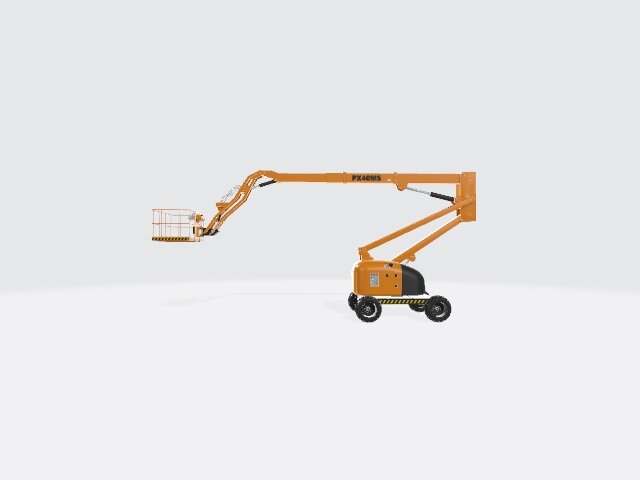 Grafika przedstawia podnośnik. Na czterech kołach umieszczone jest urządzenie, na szczycie którego wystaje ramię wysięgnika zakończone platformą zabezpieczoną barierkami.