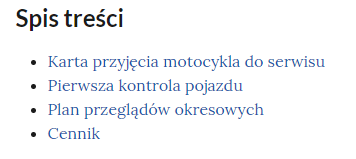 Grafika przedstawia interaktywny spis treści w formie klikalnej listy.