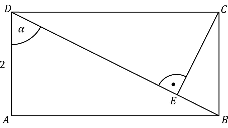 Rysunek przedstawia prostokąt ABCD z krótszym bokiem o długości 2.  Narysowano przekątną DB na której leży punkt E. Przy wierzchołku D pomiędzy przekątną a krótszym bokiem zaznaczony jest kąt alfa. Przy puncie E zaznaczony jest kąt prosty pomiędzy odcinkiem DE i odcinkiem EC.