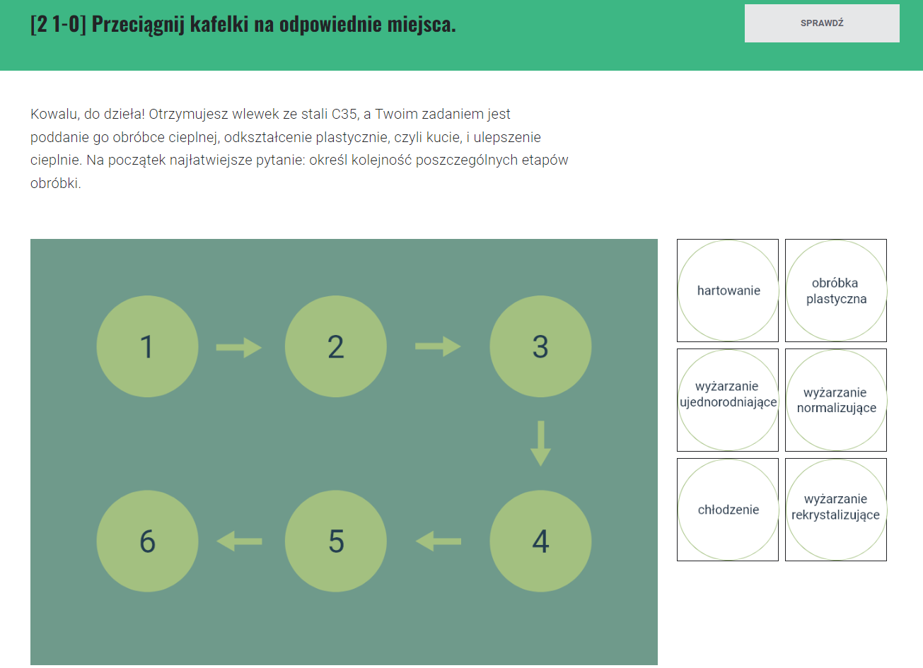 Ekran zadania służącego na przeciąganiu we właściwe miejsca w grze edukacyjnej