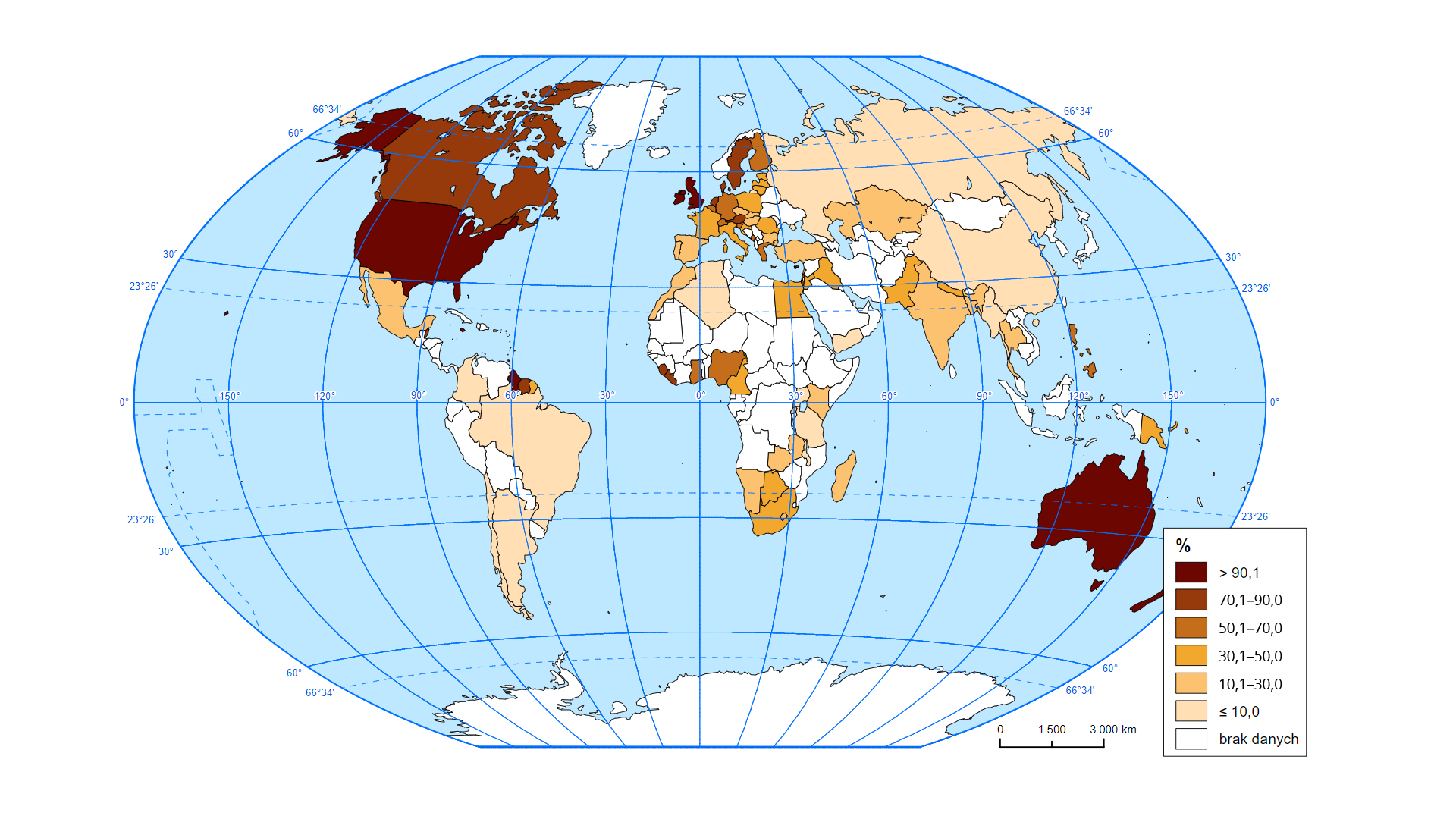 Mapa świata przedstawia informacje na temat udziału ludności mówiącej po angielsku na świecie. Terenami gdzie procent wynosi więcej niż 90 są: USA, Gujana, Wielka Brytania, Irlandia, Australia. Terenami, gdzie procent wynosi od 70 do 90, są: Kanada, Surinam, Szwecja, Austria, Holandia , Sierra Leone, Liberia. Terenami gdzie procent wynosi mniej niż 10 są: większość Ameryki Południowej, Algieria, Tanzania, Jemen, Uganda, Rosja, Chiny, Birma.