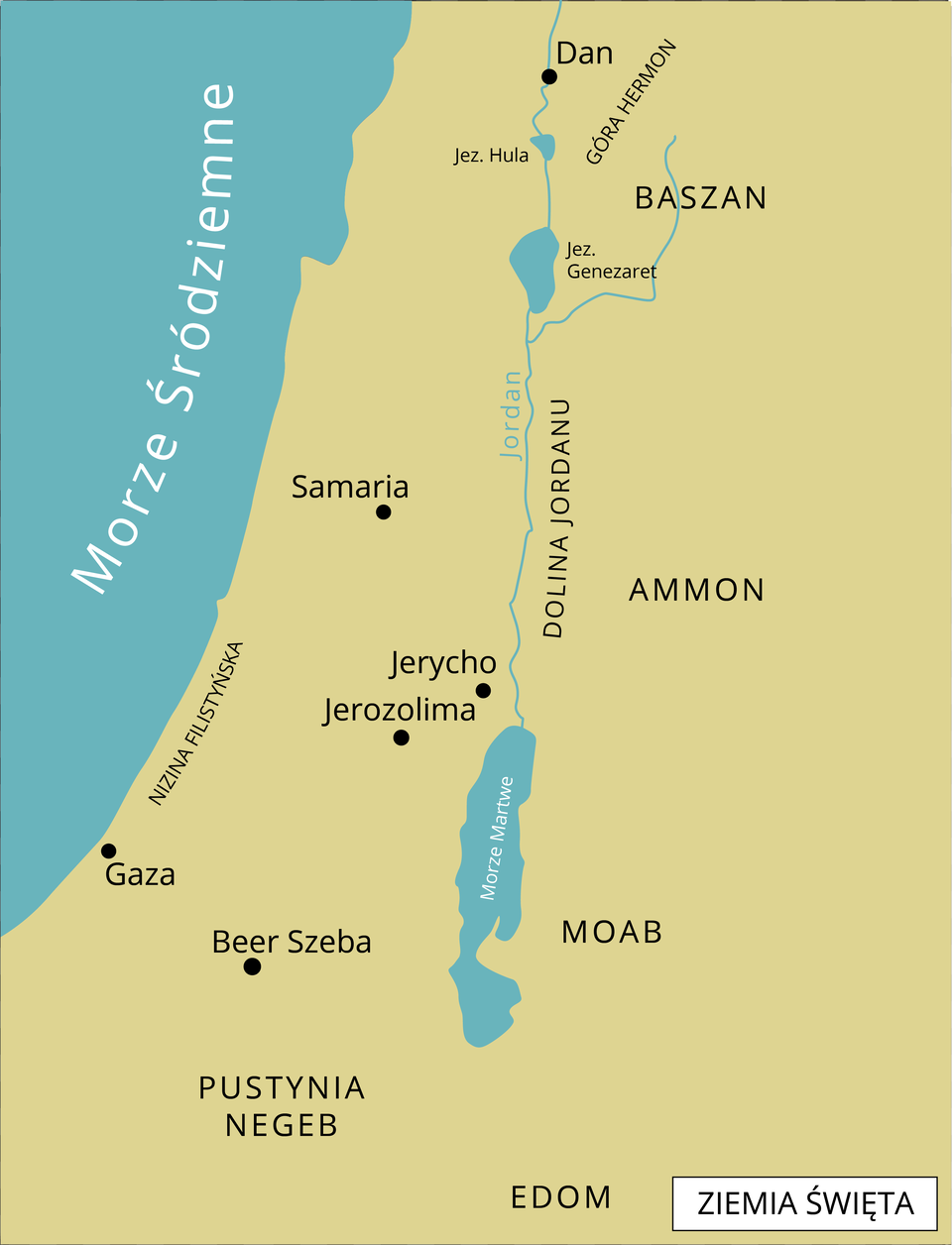 Mapa przedstawia obszar nazywany ziemią świętą. Widoczne są na nim jeziora Hula, Galilejskie, i Morze Martwe. Przez wszystkie przepływa rzeka Jordan. Na wschód od Jordanu znajdują się krainy Baszan, Ammon, Moab i Edon. Na południe od Morza Martwego znajduje się pustynia Negeb. Na zachód od rzeki Jordan widoczne jest Morze Śródziemne. Między nim a rzeką znajdują się następujące miasta: Dan, Samaria, Jerycho, Jerozolima, Gaza, Beer Szewa. Na wybrzeżu morza Śródziemnego na północ od Gazy widoczna jest Nizina Filistyńska.