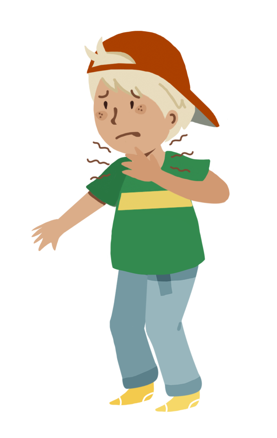 Ilustracja przedstawia chłopca trzymającego się za gardło, na twarzy ma grymas wyrażający ból.