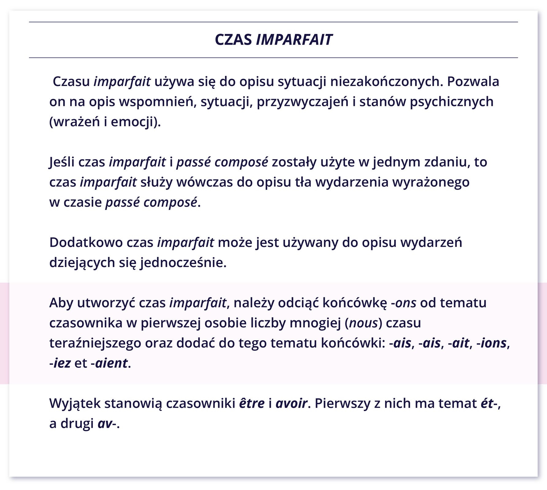 Grafika zatytułowana jest CZAS IMPARFAIT i zawiera informacje tekstowe. Czasu imparfait używa się do opisu sytuacji niezakończonych. Pozwala on na opis wspomnień, sytuacji, przyzwyczajeń i stanów psychicznych (wrażeń i emocji). Jeśli czas imparfait i passé composé zostały użyte w jednym zdaniu, to czas imparfait służy wówczas do opisu tła wydarzenia wyrażonego w czasie passé composé. Dodatkowo czas imparfait może jest używany do opisu wydarzeń dziejących się jednocześnie. Aby utworzyć czas imparfait, należy odciąć końcówkę -ons od tematu czasownika w pierwszej osobie liczby mnogiej (nous) czasu teraźniejszego oraz dodać do tego tematu końcówki: -ais, -ais, -ait, -ions, -iez et -aient. Wyjątek stanowią czasowniki être i avoir. Pierwszy z nich ma temat ét-, a drugi av-.