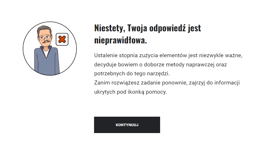Przykładowy komunikat o nieprawidłowej odpowiedzi