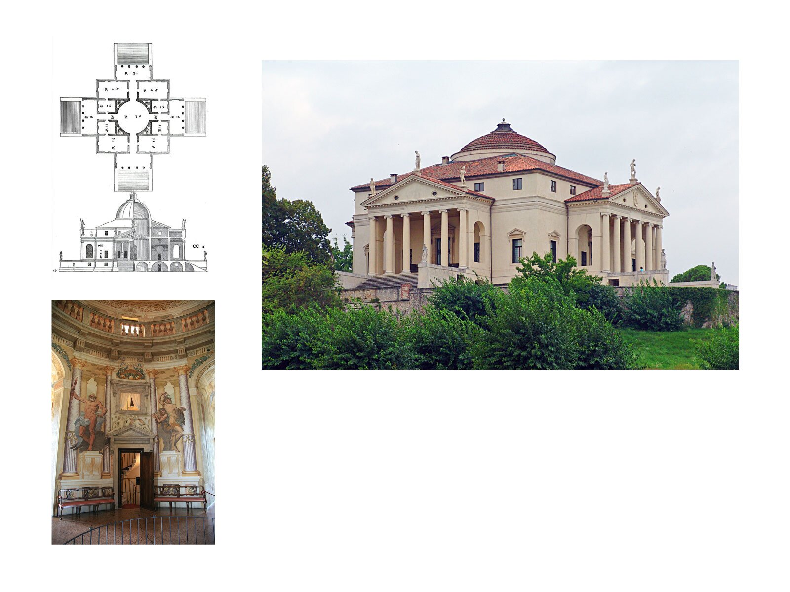 Ilustracja przedstawia zdjęcia wnętrza i bryły rezydencji  Villa Rotonda w  Vicenzy (Włochy). Po lewej stronie umieszczony został plan budowli, w którym założenie centralne oparte jest na kwadracie, do którego przylegają z czterech jego boków jednakowe prostokątne portyki ze schodami. Budynek przykryty jest kopułą, co na planie oznaczone jest okręgiem w centrum obiektu.