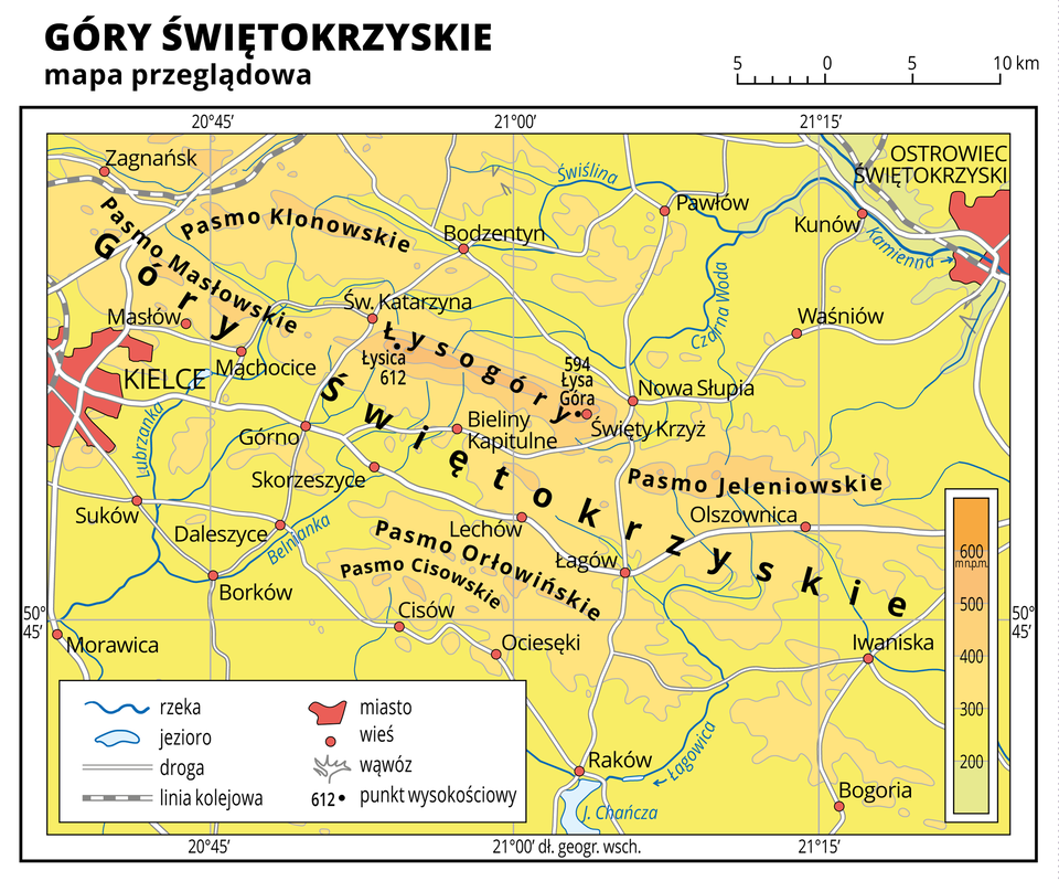 Mapa hipsometryczna przedstawia góry świętokrzyskie. Ich największym szczytem jest Łysica położona 612 metrów nad poziomem morza. Góry dzielą się na Łysogóry, Pasmo Jeleniowskie, Pasmo Ciskowskie, Pasmo Orłowińskie, Pasmo Klonowskie i Pasmo Maslowskie. Góry są położone między Kielcami, a Ostrowcem Świętokrzyskim.