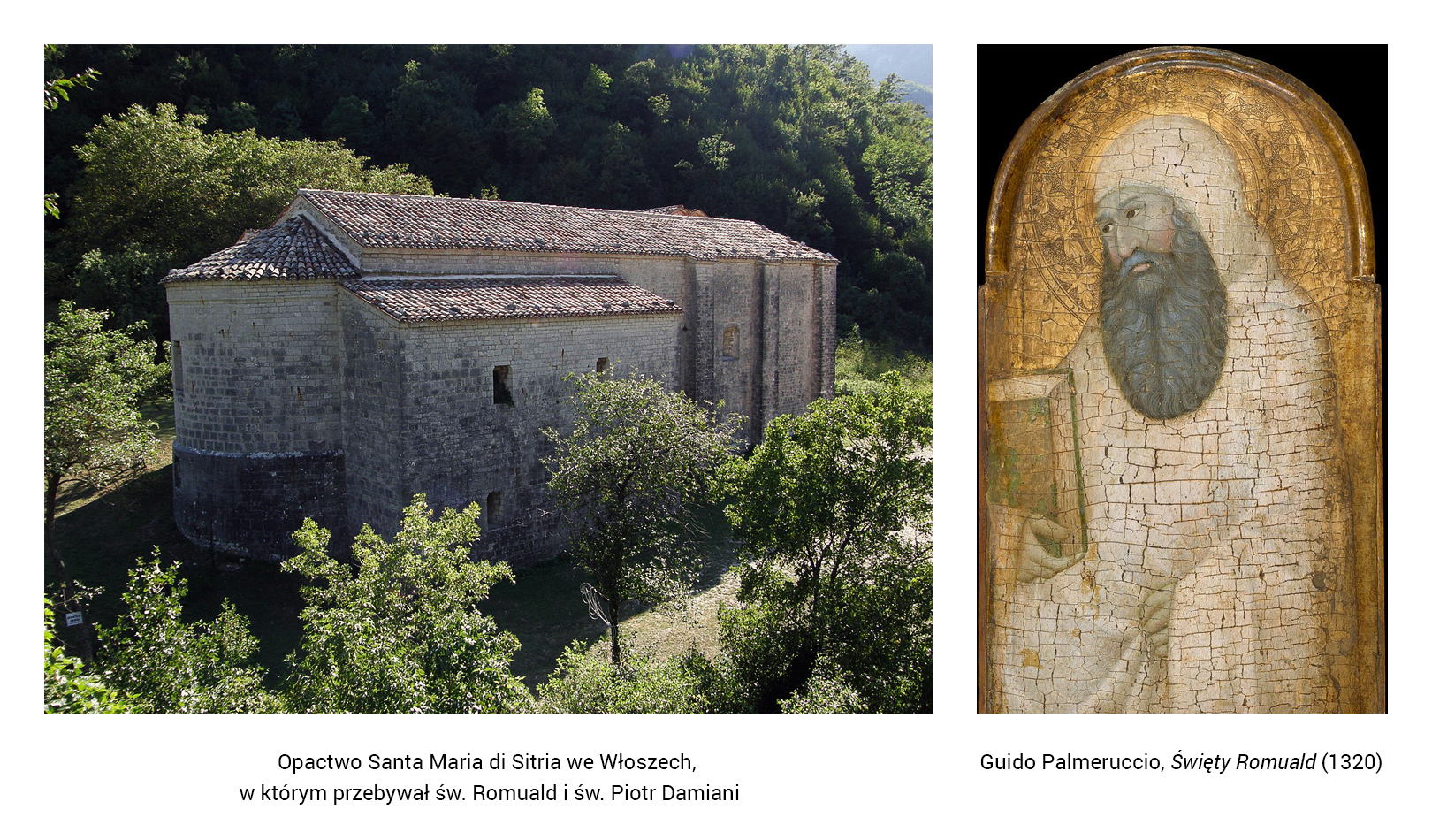 Ilustracja jest kolażem dwóch obiektów. Zdjęcie z lewej strony przedstawia zbudowany z kamienia przez św. Romualda w Umbrii w początkach XI wieku jednonawowy romański kościół zakończony absydą, gdzie mieścił się ołtarz. Kościół widoczny jest od strony absydy po ukosie, kierując się od lewej ku prawej krawędzi fotografii. Położony jest u podnóża wyniesienia, na którego zboczu znajduje się gęste zadrzewienie. Do świątyni przylegają wąskie cele mnichów, widoczne w centralnej części fotografii. Podpis pod zdjęciem: Opactwo Santa Maria di Sitria we Włoszech, w którym przebywał św. Romuald i św. Piotr Damiani. Z prawej strony obraz św. Romulada w stroju mnicha z księgą Pisma Świętego w prawej dłoni. Zakonnik ubrany jest w biały habit kamedulski z kapturem, który okrywa mu głowę. Mnich nosi długą brodę. Podpis pod ilustracją: Guido Palmeruccio [czyt. głido palmeruczcio], Święty Romuald (1320) 