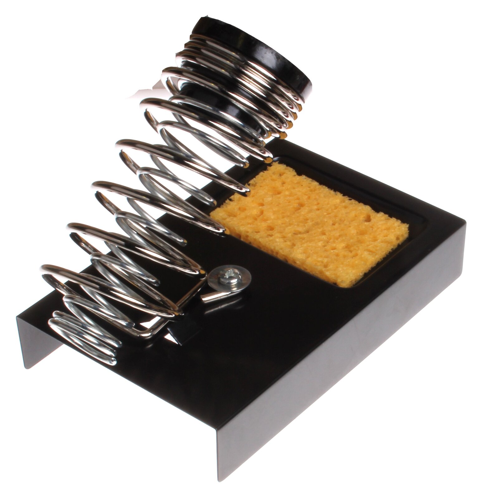 Zdjęcie przedstawia podstawkę dla końcówki lutowniczej stworzonej z podwójnej sprężyny. Pierwsza sprężyna znajduje się wewnątrz większej, tylko do mniejszej wkłada się lutownicę. Całość przykręcona jest do metalowej podstawki w krótej jest miejsce na gąbkę.