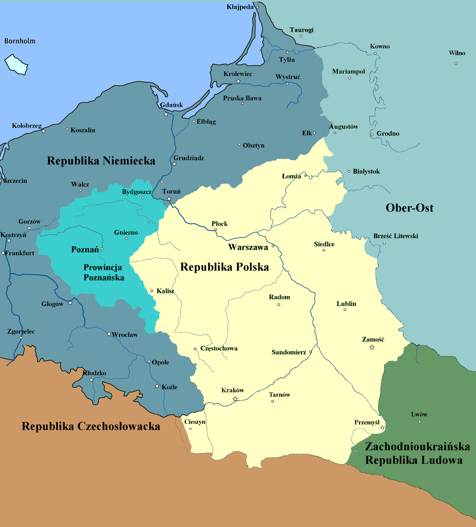 Mapa przedstawia  tereny Republiki polskiej w listopadzie 1918 obejmujące Mazowsze i Małopolskę; zaznaczono miasta: Warszawa, Łomża, Płock, Siedlce, Kielce, Radom, Lublin, Częstochowa, Kraków, Tarnów, Przemyśl. Zaznaczono osobno tereny zarządzane przez Republikę Niemiecką na obszarze Prus Książęcych Pomorza Gdańskiego, Pomorza Zachodniego, Ziemi Lubuskiej i Śląska. Osobno wyszczególniono Wielkopolskę jako Prowincję poznańską oraz zaznaczono Rosji bolszewickiej jako Ober Ost oraz ziem Ukrainy Zachodniej ze Lwowem.