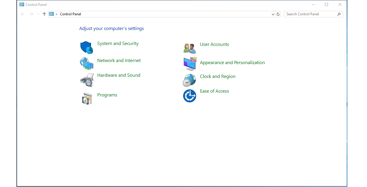 Zrzut ekranu przedstawia widok Panelu Sterowaniu. Na belce folderu napis Control Panel. W oknie napis Adjust your computer's settings. Poniżej ikony wraz z opisami w dwóch kolumnach. Pe lewej stronie Tarcza z fragmentem diagramu kołowego, obok napis System and Security. Poniżej kula ziemska z monitorem i napis Network ans Internet. Poniżej drukarka i głośnik komputerowy oraz napis Hardware and Sound. Poniżej pudełko i płyta CD oraz napis Programs. W kolumnie po prawej stronie od góry ikona przedstawia popiersia kobiety i mężczyzny obok napis User Accounts. Poniżej monitor komputerowy i tabela z przykładowymi kolorami oraz napis Appearance and Personalization. Poniżej kula ziemska i zegar oraz napis Clock and Region. Poniżej zegar, krótkiego wskazówki zastąpione są strzałkami oraz napis Ease of Access.