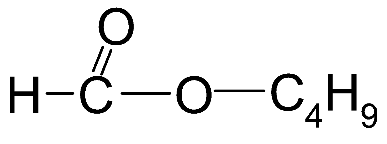 Na ilustracji jest wzór: atom węgla łączy się po lewej stronie z atomem wodoru, na górze wiązaniem podwójnym z atomem tlenu, po prawej stronie z kolejnym atomem tlenu. Ten z kolei po prawej stronie łączy się z grupą                 C                 4                       H                 9         .