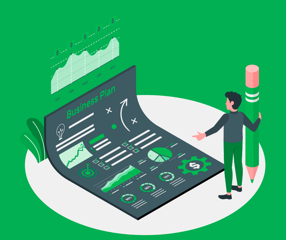Ilustracja przedstawia mężczyznę, który w dłoni trzyma ołówek wysokości jego samego. Przed nim, na podłodze leży potężna kartka z napisem Business Plan i różnymi symbolami np. dolar, żarówka, tarcza. Nad kartką jest wykres słupkowy. Tło jest koloru zielonego.