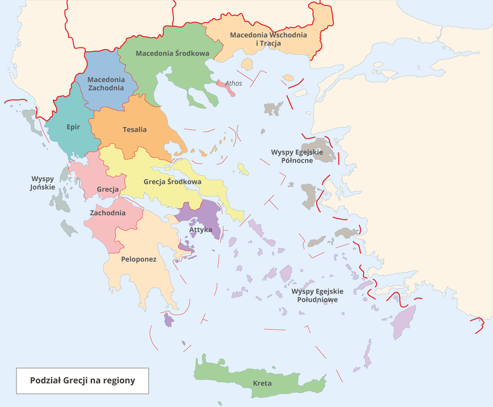 Mapa przedstawia podział Grecji na regiony. Wyodrębnione zostały: Grecja Środkowa, Grecja Zachodnia, Peloponez, Attyka, Tesalia, Epir, Macedonia Zachodnia, Macedonia Środkowa, Macedonia Wschodnia i Tracja, Wyspy Jońskie, Wyspy Egejskie Południowe, Wyspy Egejskie Północne, Kreta.