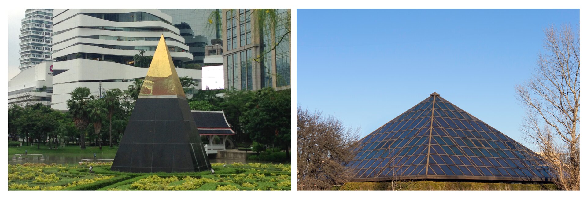 Zdjęcia dwóch budowli o elementach w kształcie figur przestrzennych. Pierwsza budowla ma kształt ostrosłupa i jest wykonana z granitu. Druga budowla również ma kształt ostrosłupa i jest pokryta szkłem.