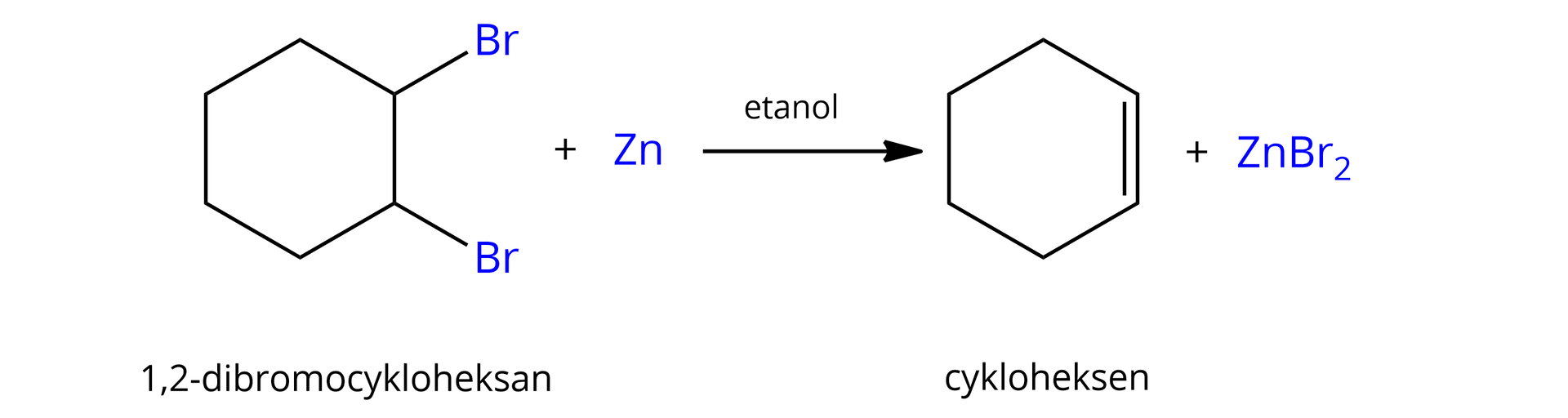 Ilustracja przedstawia reakcję eliminacji atomów bromu z cząsteczki 1,2-dibromocykloheksanu. Reakcja tego związku z metalicznym cynkiem zachodzi w etanolu i prowadzi do powstania cykloheks-1-enu i bromku cynku. Cząsteczka 1,2-diibromocykloheksanu zbudowana z sześciowęglowego pierścienia, symbolizowanego przez sześciokąt, w którym dwa sąsiadujące ze sobą atomy węgla podstawione są, każdy jednym atomem bromu Br. Dodać atom cynku 