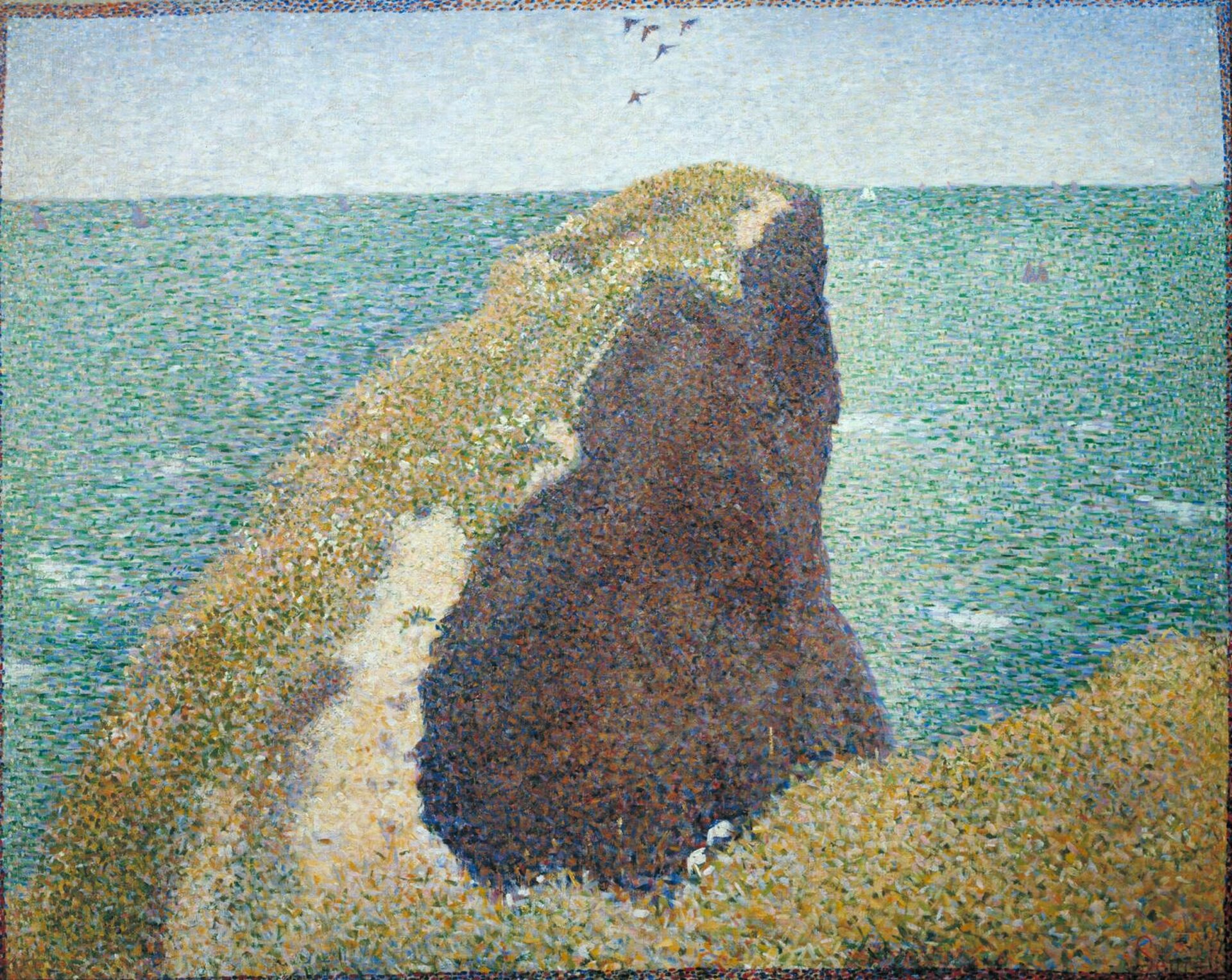 Ilustracja przedstawia obraz Georgesa Seurata pt. „Le Bec du Hoc, Grandcamp”. Ilustracja przedstawia obraz powstały z małych plamek farby, które odzwierciedliły efekt płaszczyzny. Widzimy skałę wznoszącą się przed morzem. Po niebie lata kilka ptaków.