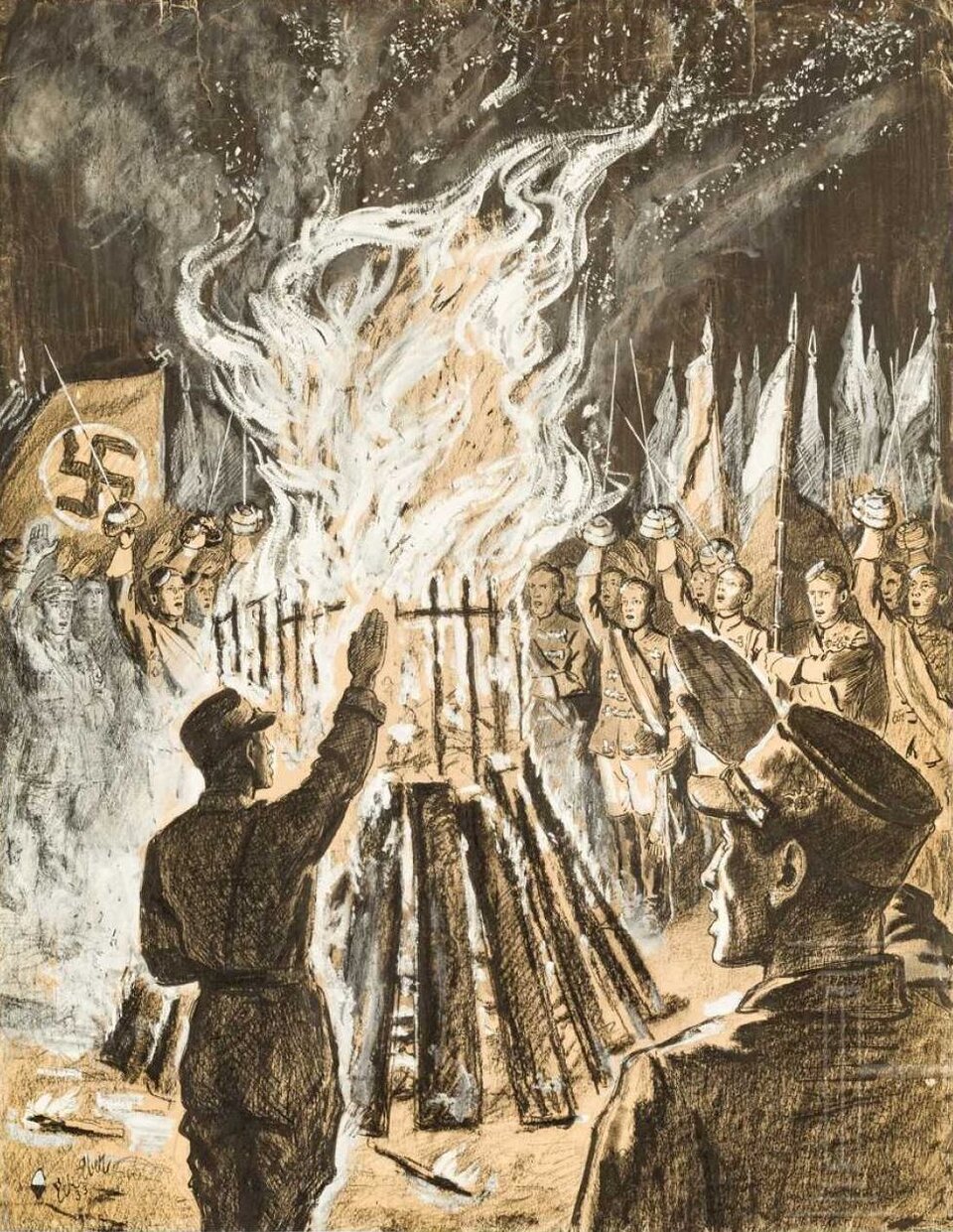 Ilustracja przedstawia scenę palenia książek. Na środku obrazu duże palące się ognisko, zaraz obok niemieccy żołnierze z uniesionymi rękami w geście Heil Hitler. Wokół ogniska tłum żołnierzy z flagami z symbolem swastyki. Unoszą szable do góry i wiwatują. 
