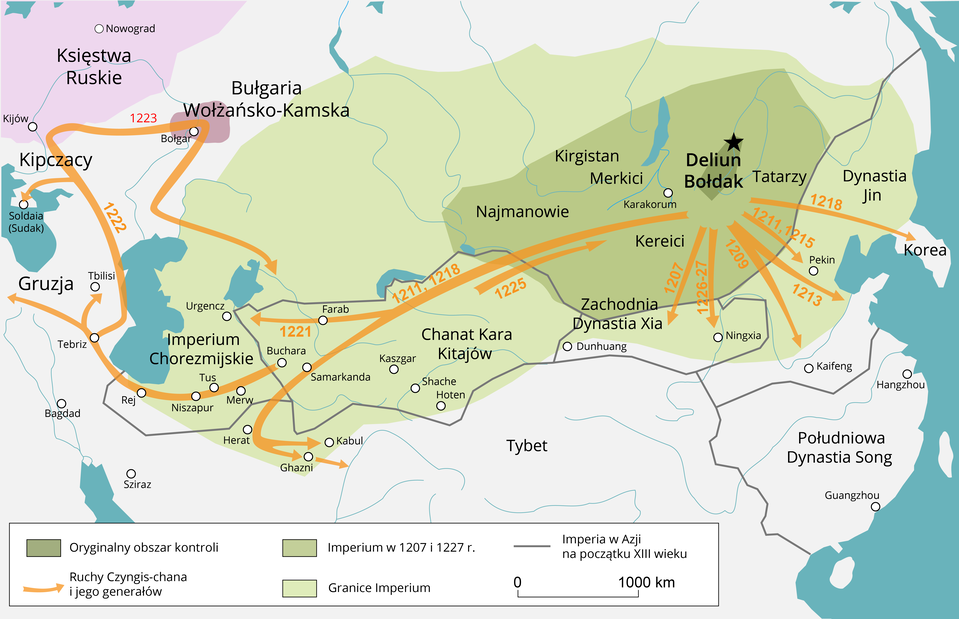 Mapa przedstawia podboje Czyngis‑chana i jego następców. Oryginalny obszar kontroli miał miejsce na terenie Mongolii wewnętrznej. Imperium w 1207 i 1227 roku mieściło się na terenie dzisiejszej Mongolii. Granice imperium rozchodziły się na południe do Tybetu i na północ po granicę z Rosją. 