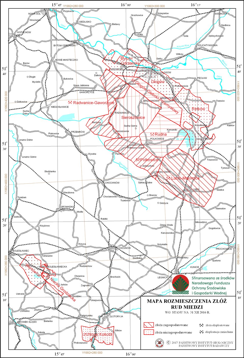 Mapa rozmieszczenia złóż rud miedzi w Polsce. Wydobycie rudy miedzi w Polsce jest skoncentrowane w trzech kopalniach głębinowych: Lubin, Rudna i Polkowice‑Sieroszowice, przetwarzanie rudy w Zakładach Wzbogacania Rud, a produkcja miedzi, srebra i innych produktów w hutach w Głogowie i Legnicy oraz walcowni Cedynia. Złoża niezagospodarowane to obszar kopalń: Sieroszowice, Rudna, Polkowice, Lubin‑Małomice. Złoża niezagospodarowane: Bytom Odrzański, Głogów, Retków, Wartowice, Niecka Grodziecka, Nowy Kościół.   