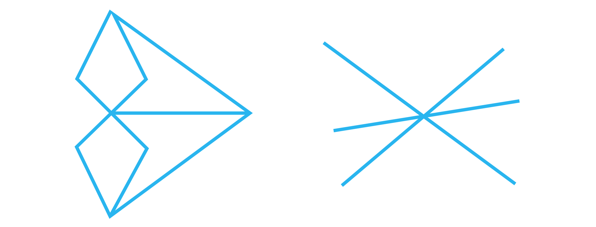 Ilustracja prezentuje dwie figury nie będącymi łamanymi. Pierwsza z nich składa się z dwóch deltoidów symetrycznych względem górnego wierzchołka dolnej  figury. Z punktu symetrii obu deltoidów poprowadzony został w prawo poziomy odcinek, z którego końca poprowadzono dwa odcinki łączące wierzchołki symetrycznych deltoidów, które znajdują się na przeciwko wierzchołków znajdujących się w puncie symetrii. Druga figura zbudowana jest natomiast z trzech przecinających się w jednym punkcie prostych. 