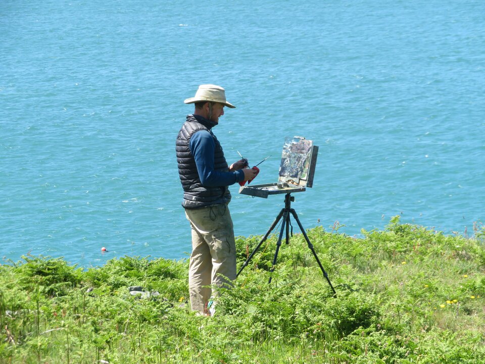 Fotografia przedstawia artystę malującego plenerowy pejzaż nad wodą. Mężczyzna stoi na zielonym, porośniętym trawą brzegu z widokiem na rozległą taflę błękitnego jeziora lub morza. Ma na sobie jasny kapelusz, niebieską koszulę, czarną kamizelkę i jasne spodnie. Przed nim rozstawiona jest trójnożna sztaluga z paletą i płótnem, na którym prawdopodobnie maluje pejzaż.