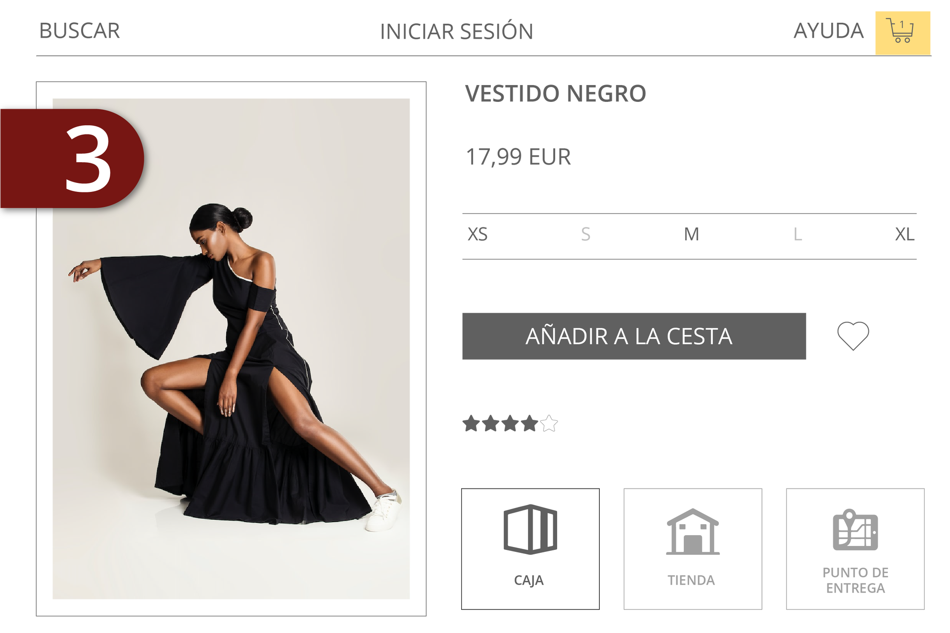 Grafika numer trzy przedstawia stronę produktu ze sklepu internetowego. Widoczne przyciski: buscar, iniciar sesión, ayuda, koszyk zakupowy z dodanym jednym produktem. Poniżej zdjęcie modelki w czarnej sukience. Nazwa produktu: vestido negro. Cena siedemnaście dziewięćdziesiąt dziewięć. Poniżej rozmiarówka XS, S, M, L, XL. Następnie przycisk Añadir a la cesta, obok serduszko. Poniżej cztery gwiazdki na pięć. Poniżej ikonki z podpisami: paczka - caja, domek - tienda, tablet z mapą - punto de entrega.