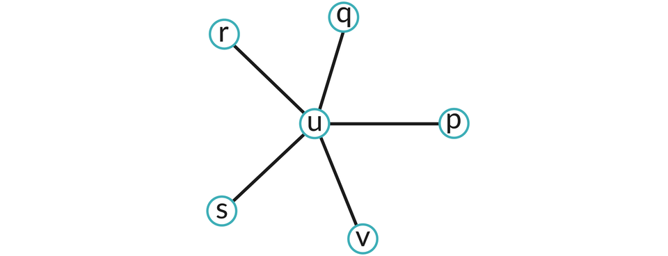 Ilustracja przedstawia graf.  Węzły grafu podpisane są literami: r, q, p, s, v, y.  Każdy z węzłów łączy się z węzłem środkowym zawierającym literę u.