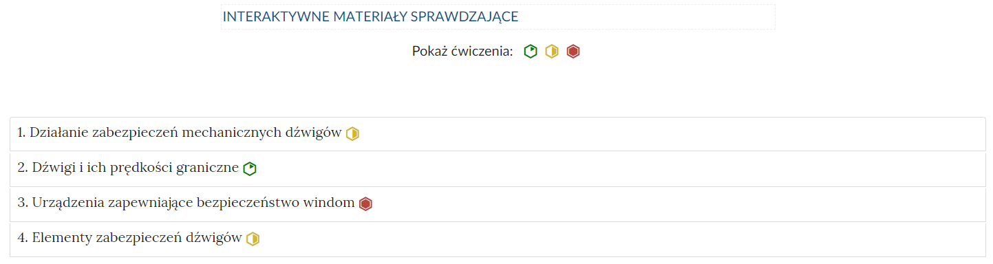 Zdjęcie przedstawia przykładowy wygląd zakładek zawierających interaktywne materiały sprawdzające. Składają się one z prostokątnych paneli umieszczonych jeden pod drugim. Każdy panel posiada numer oraz tytuł, który nawiązuje do zawartego w nim zadania.