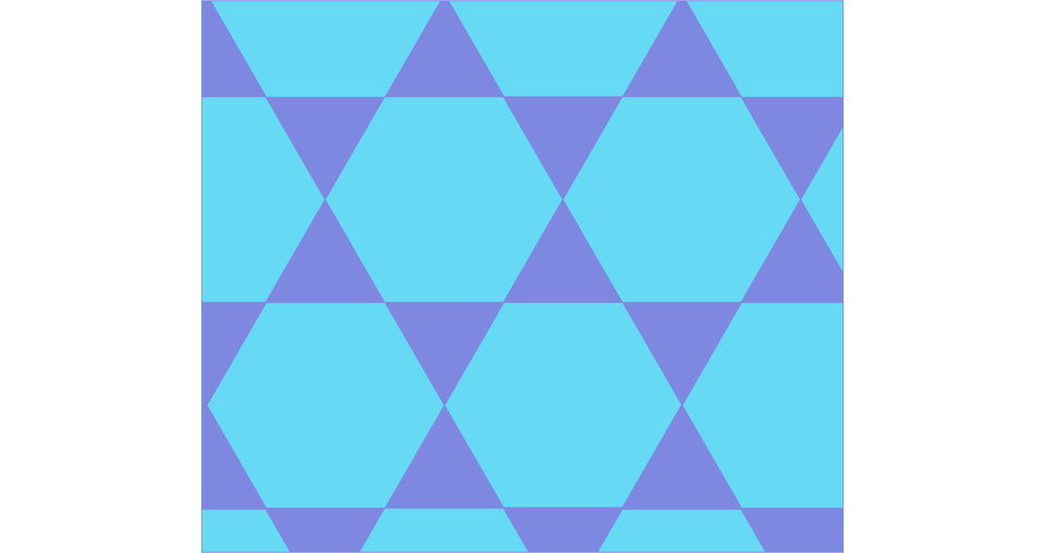 Na ilustracji przedstawiono parkiet zbudowany z niebieskich sześciokątów. Do każdego boku sześciokąta znajduje się styczny fioletowy trójkąt równoboczny. 