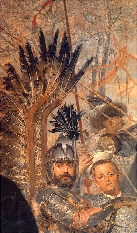 Kliknij, aby powiększyć. Na ilustracji przedstawiono obraz, na którym są widoczne trzy osoby do pasa. Na pierwszym planie żołnierz w zbroi. Na plecach ma dwa rzędy piór. Prawa ręka jest ugięta w łokciu. Zanim stoi chłopiec, który trzyma kapelusz. W tle widać ogolonego z boku głowy mężczyznę, który ma wąsy i czapkę skórzaną. W tle drzewa.