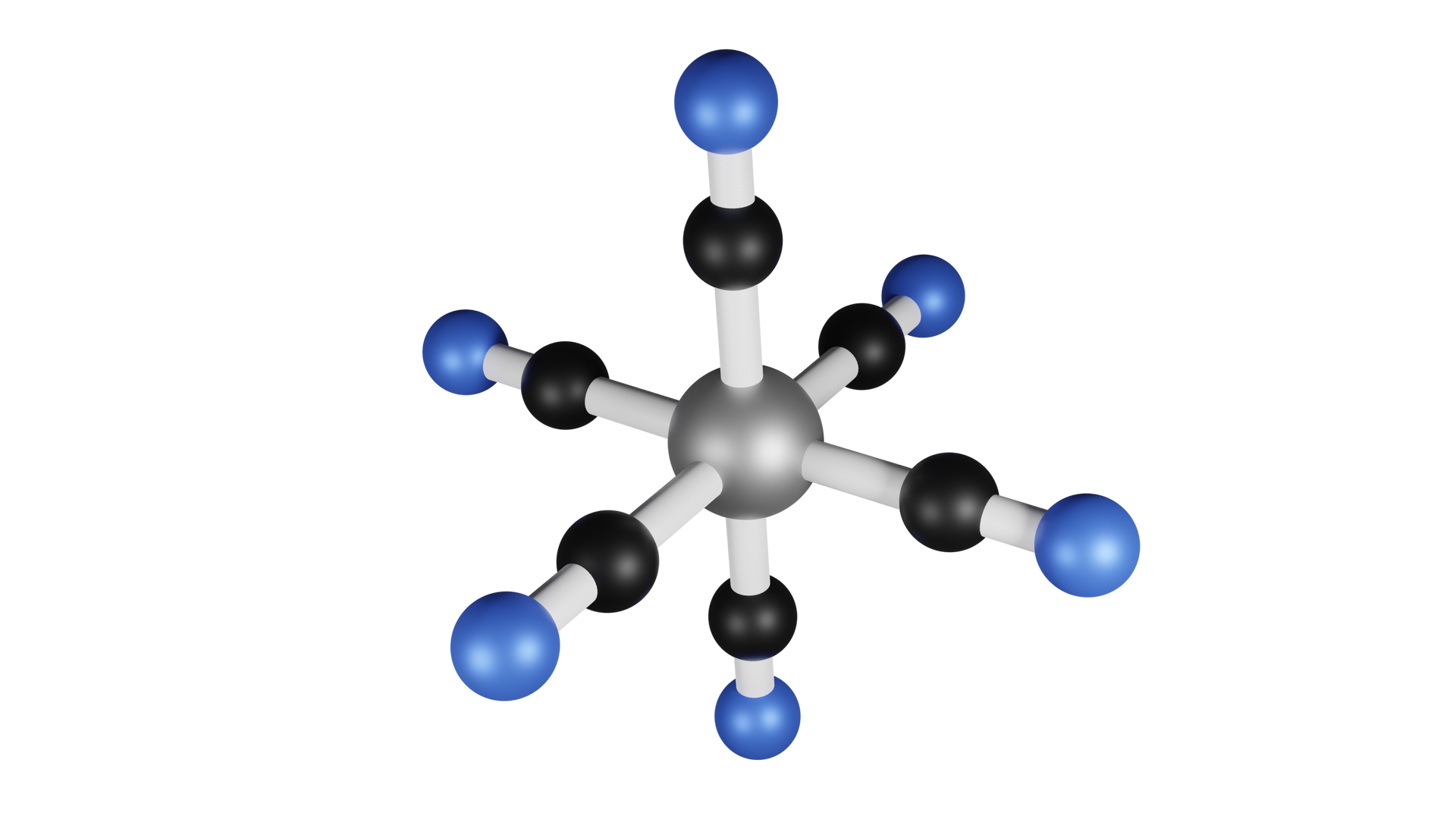 Ilustracja przedstawia model kulowo‑pręcikowy anionów cyjankowych kompleksowanych przez kation żelaza na trzecim stopniu utlenieni reprezentowany przez dużą szarą kulkę. Pojedynczy anion cyjankowy stanowią połączone ze sobą kulki - czarna odpowiadająca atomowi węgla oraz niebieska reprezentująca atom azotu. Atomy węgla od sześciu anionów cyjankowych łączą się z żelazem. Przy czym atomy czterech anionów oraz kationu żelaza znajdują się w jednej płaszczyźnie. Kąty pomiędzy atomami węgiel żelazo węgiel wynoszą po dziewięćdziesiąt stopni. Dwa aniony znajdują się odpowiednio nad i pod płaszczyzną wyznaczoną przez pozostałe atomy. Tuż nad i tuż pod jonem żelaza. Razem tworzą bipiramidę tetragonalną.  