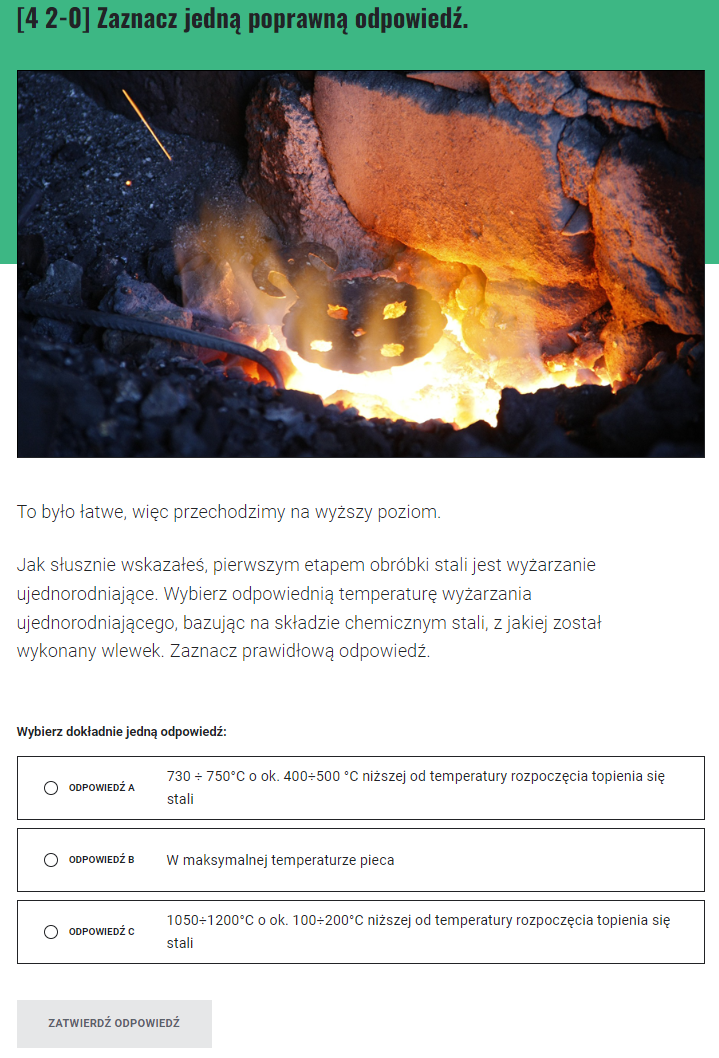 Ekran zadania służącego na zaznaczeniu jednej prawidłowej odpowiedzi w grze edukacyjnej