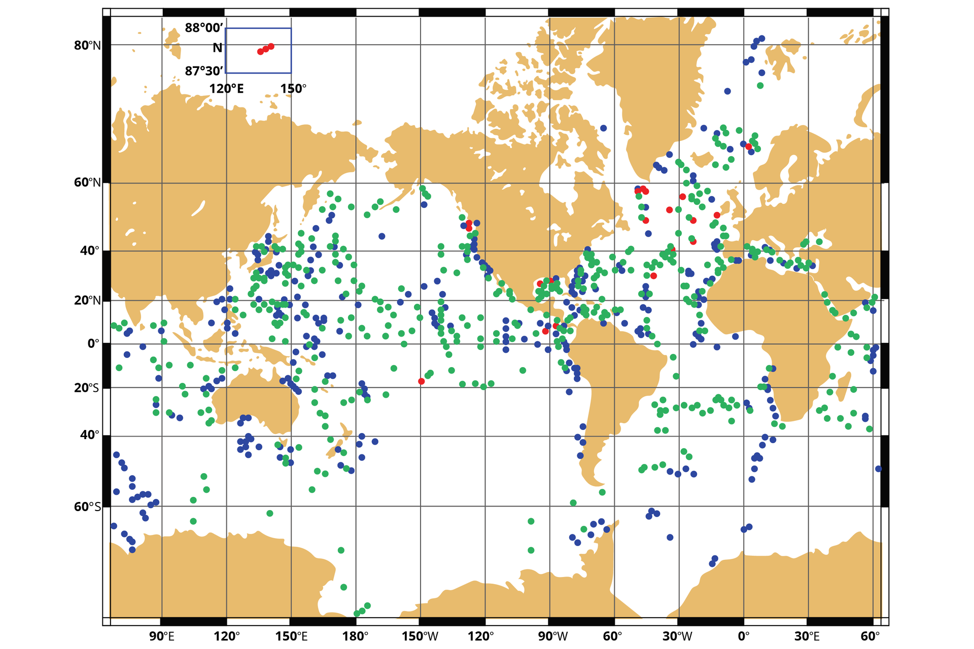 Na ilustracji  znajduje się mapa przedstawiająca rozmieszczenie pozyskiwania rdzeni głębokomorskich. Miejsca oznaczone zostały kolorowymi kropkami. Kropek tych jest bardzo dużo niemal na całej mapce, jedynie w strefach powyżej 60 stopni szerokości północnej i poniżej 60 stopni szerokości południowej występują nielicznie. 